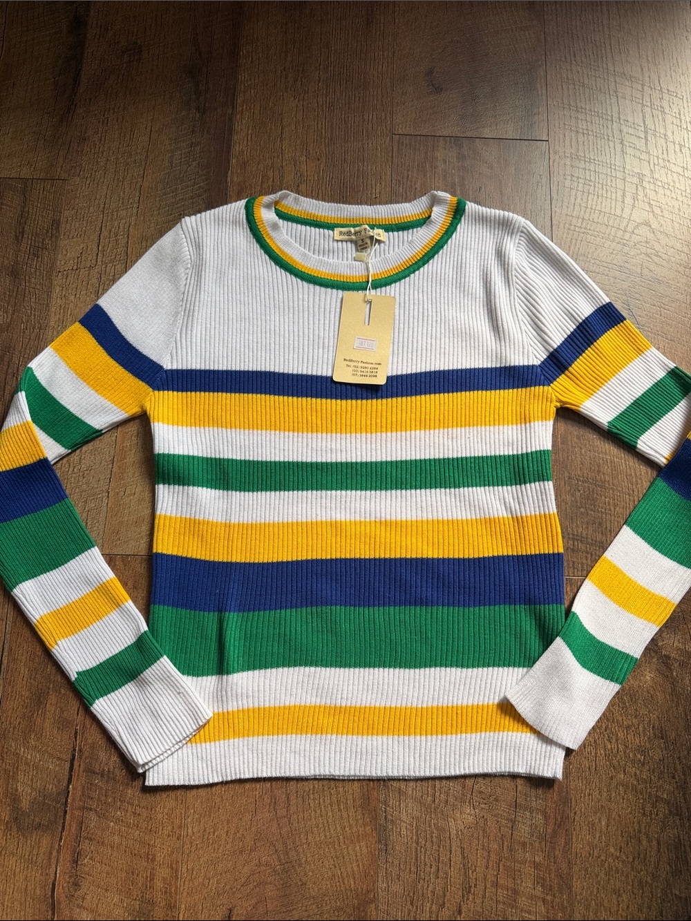 Striped Crewneck Sweater Top — White with Green, Blue & Yellow